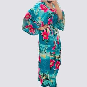 Maui Kaftan | 100% Viscose | Floor Length | 3/4 Sleeve | Teal Hibiscus & Crane